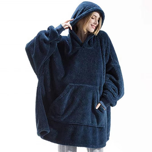 New Winter Women Double-Faced Fleece Hoodie Blanket Oversize Large Pocket Warm Couple Loose Sweatshirts Women and Men Robe